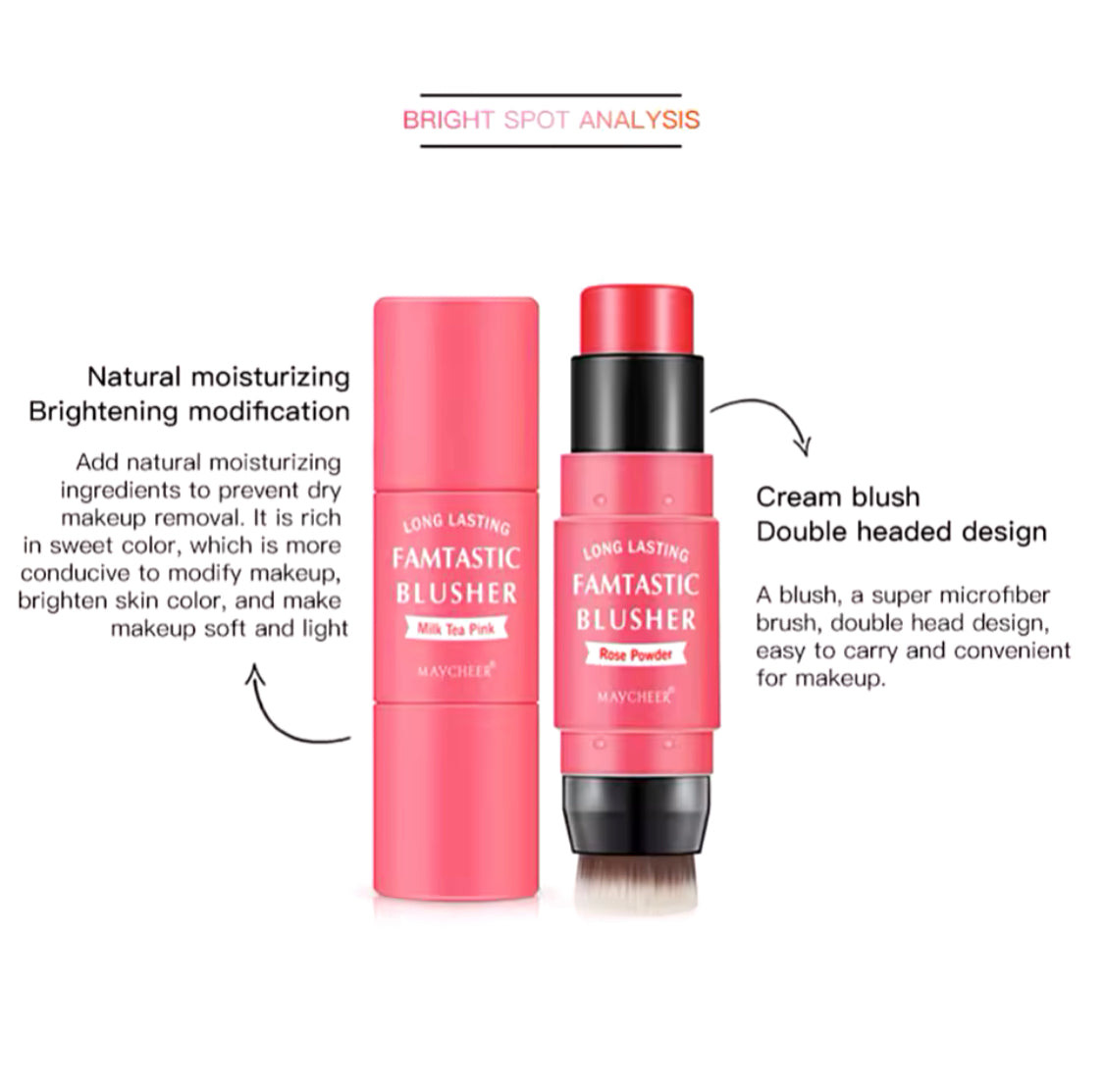 Double Ended Blush Stick With Brush, Waterproof Facial Makeup, Face Moisturizing Brighten Blusher Double Ended Blush Stick With Brush, Waterproof Facial Makeup, Face Moisturizing Brighten Blusher